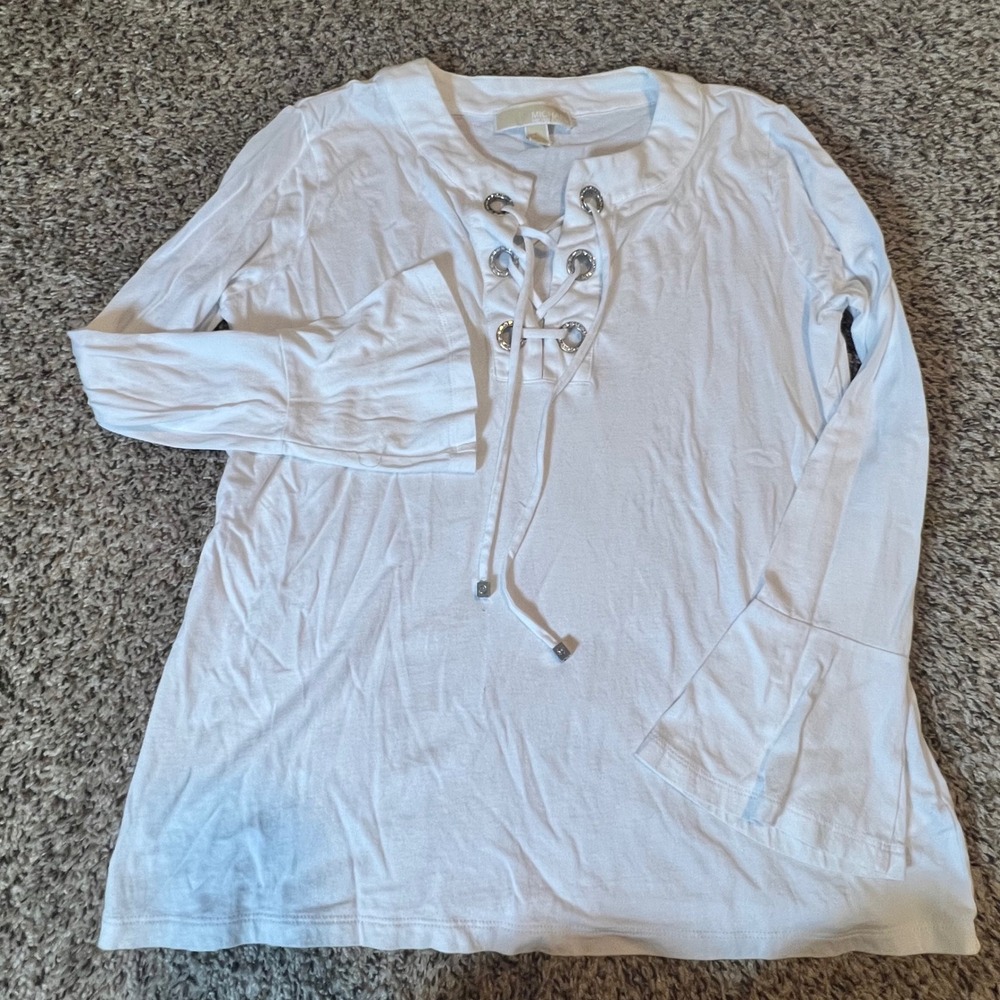 Michael Kors Womens White Lace Up Bell Sleeve Top Petite Large Cotton Modal